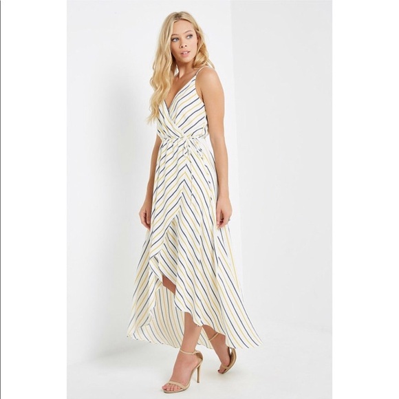 White with Blue & Mustard Stripes Wrap Maxi Dress - Picture 4 of 8